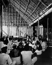 Bhagavan seated in the Jubilee Hall, ca. 1948